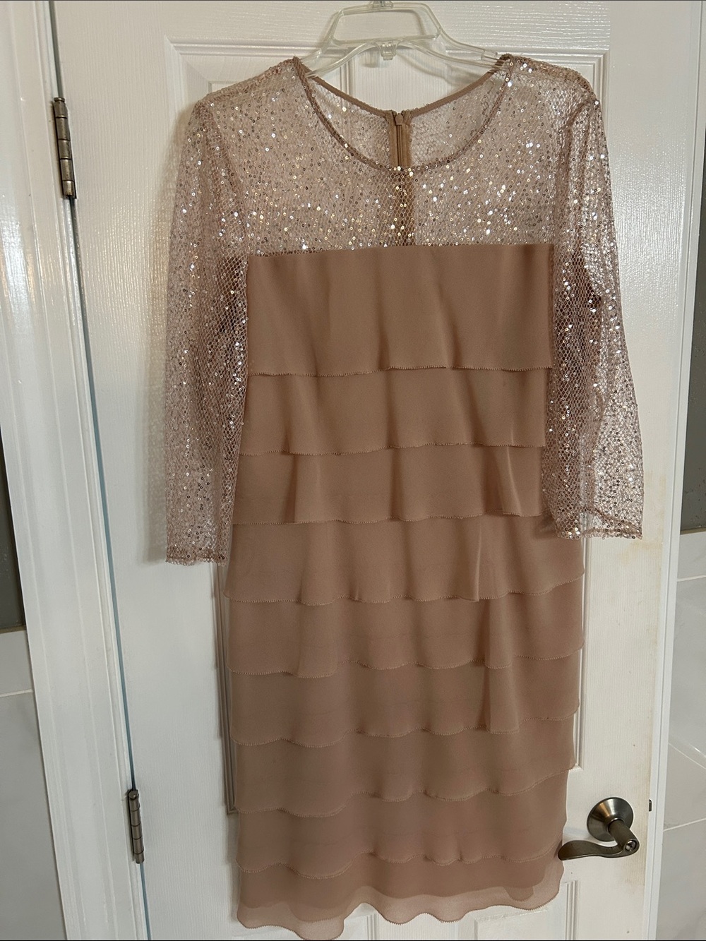 Alex Evenings Champagne/ Dusty Rose Sequin Bodice Tiered Midi Dress